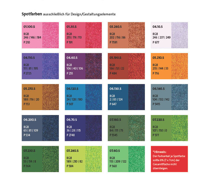 Farbmusterübersicht mit verschiedenen Hintergrundfarben zur Teppichbedruckung