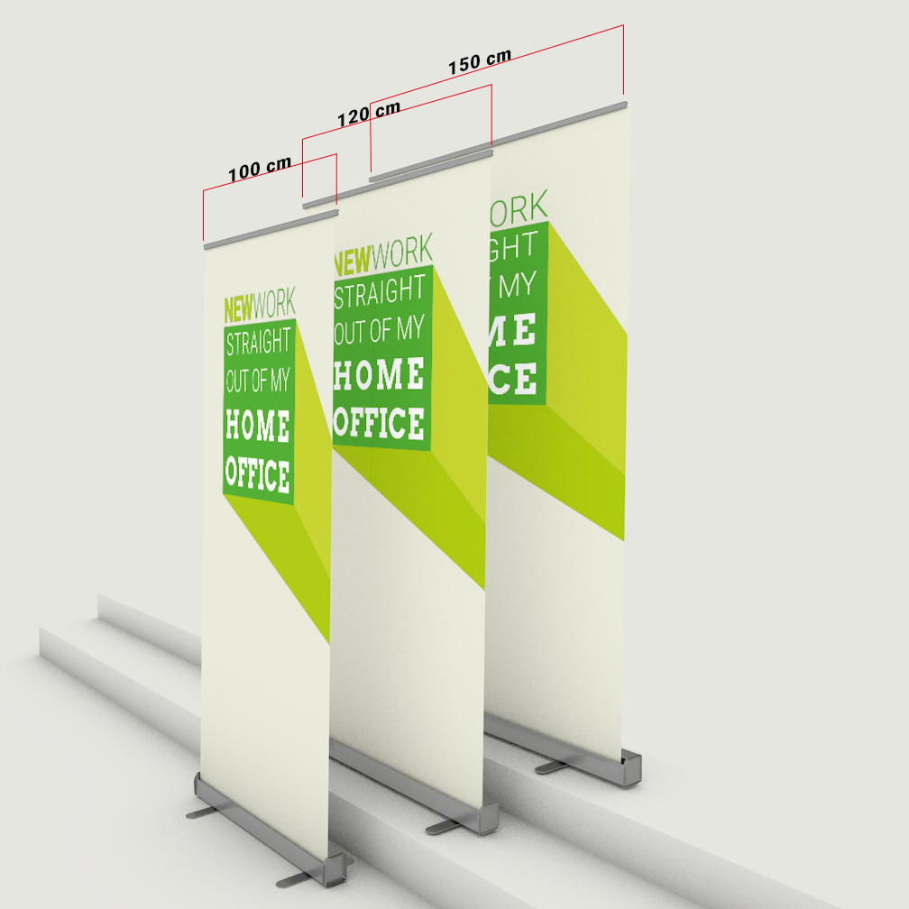 Drei Homeoffice RollUps in verschiedenen Größen stehen nebeneinander, zum Vergleich der Breiten.