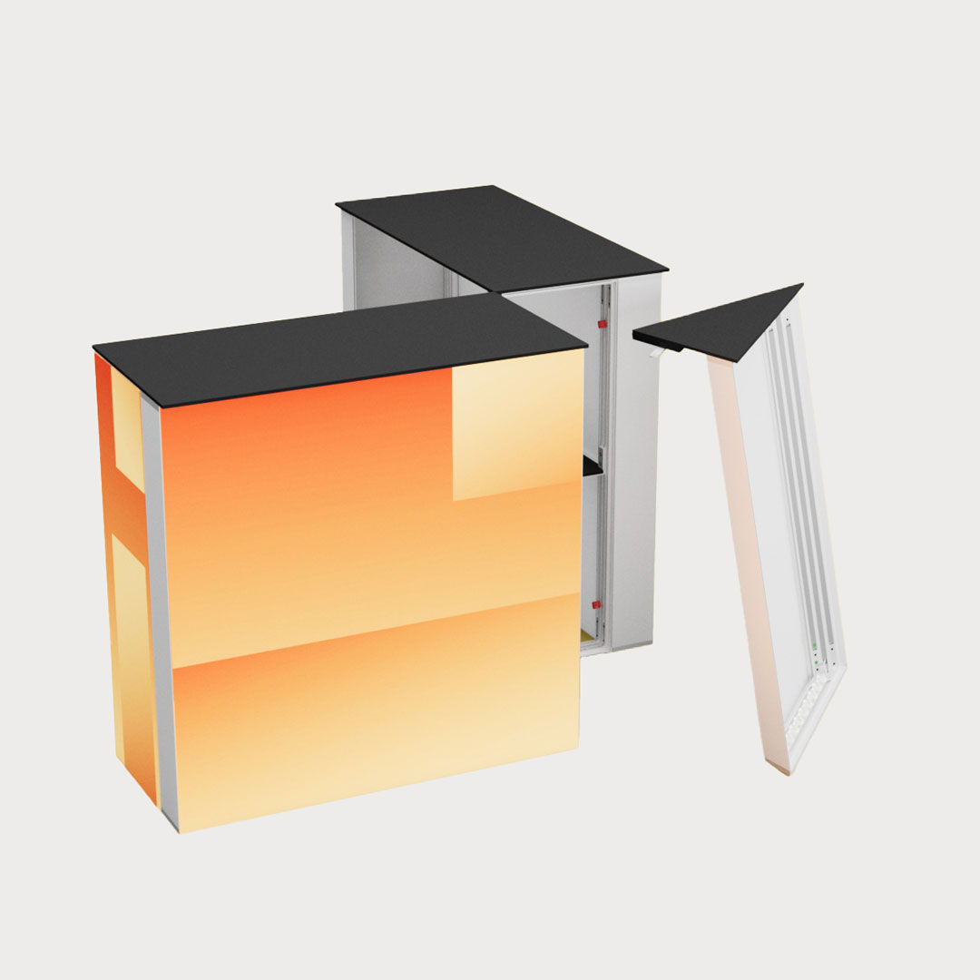 Ansicht von zwei Counter One und einem Counter One Corner, der in die zu verbindende Lücke gestellt wird.