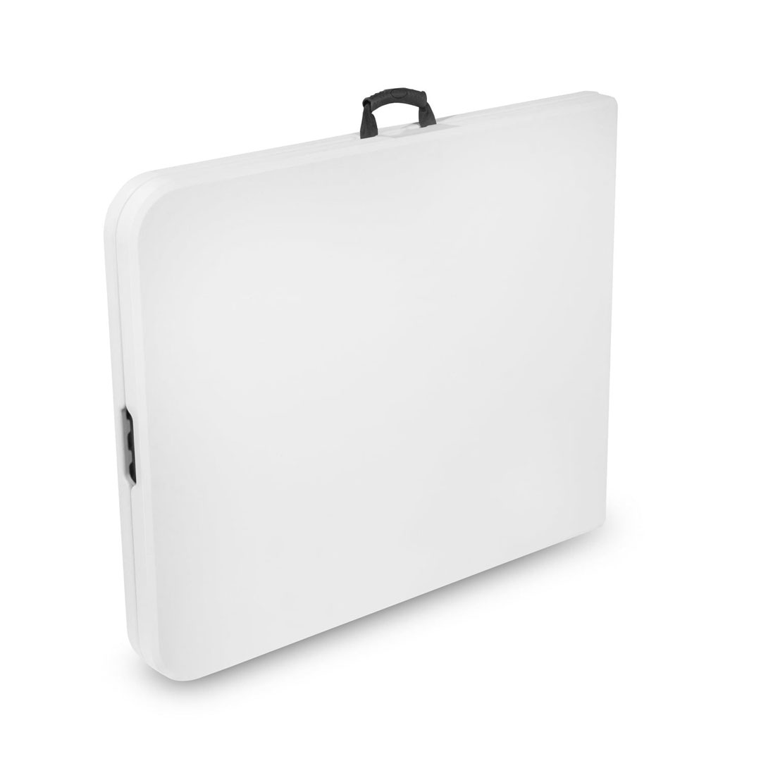 Zusammengeklappter Klapptisch in Weiß mit Tragegriff.