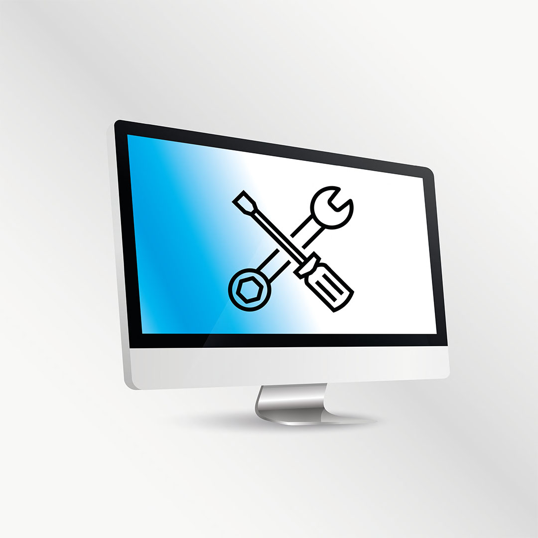 Computermonitor mit Symbol aus Schraubenschlüssel und Schraubenzieher