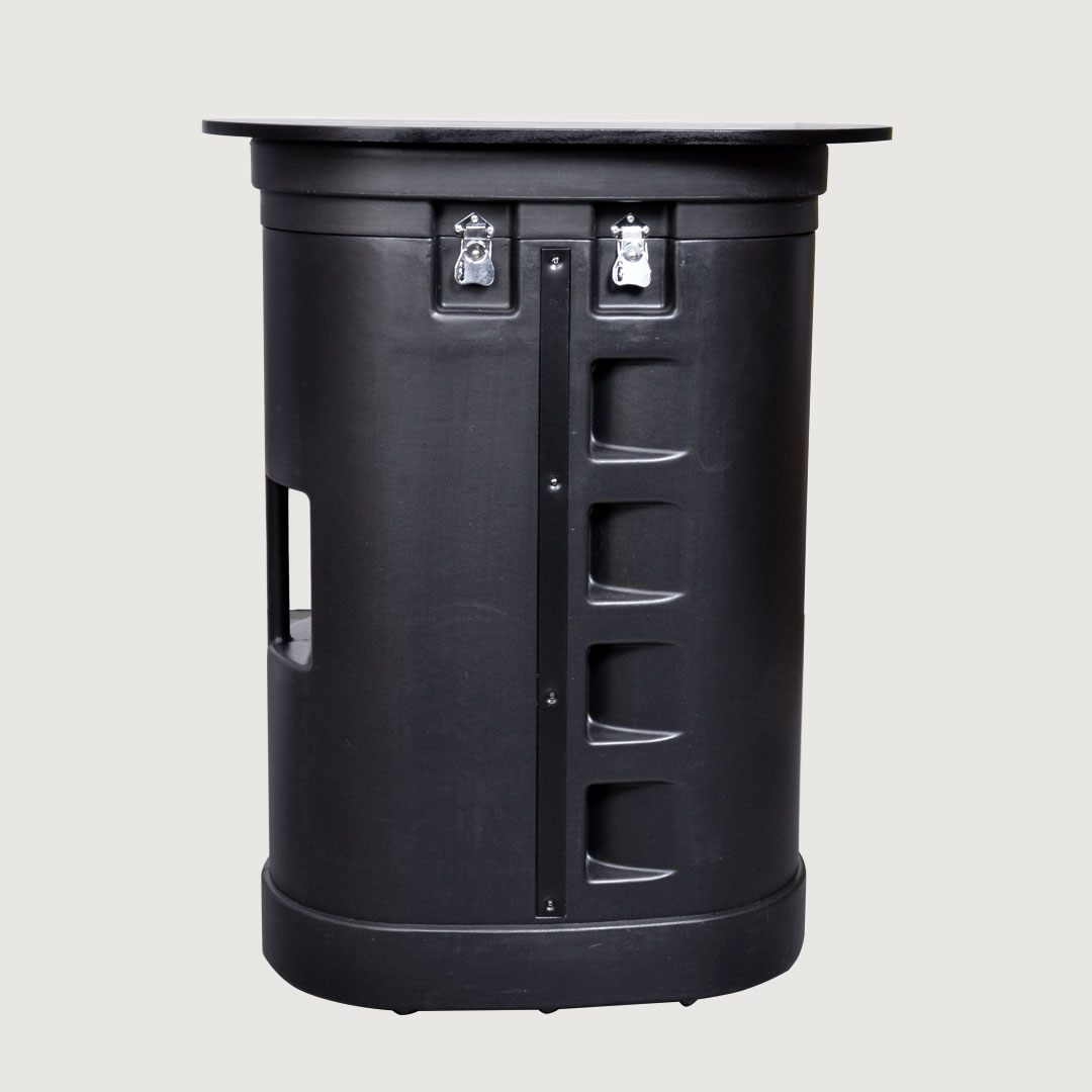 Rückansicht eines geschlossenen schwarzen Thekenkoffers