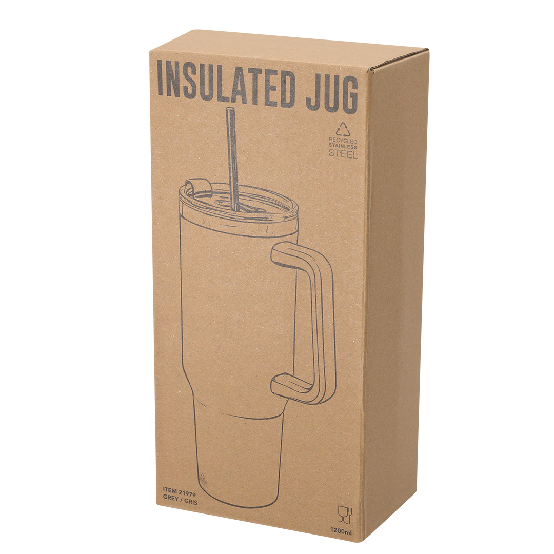 Eine braune Kartonverpackung für einen 1200-ml-Thermobehälter, bedruckt mit "INSULATED JUG" und einer Abbildung des Bechers.