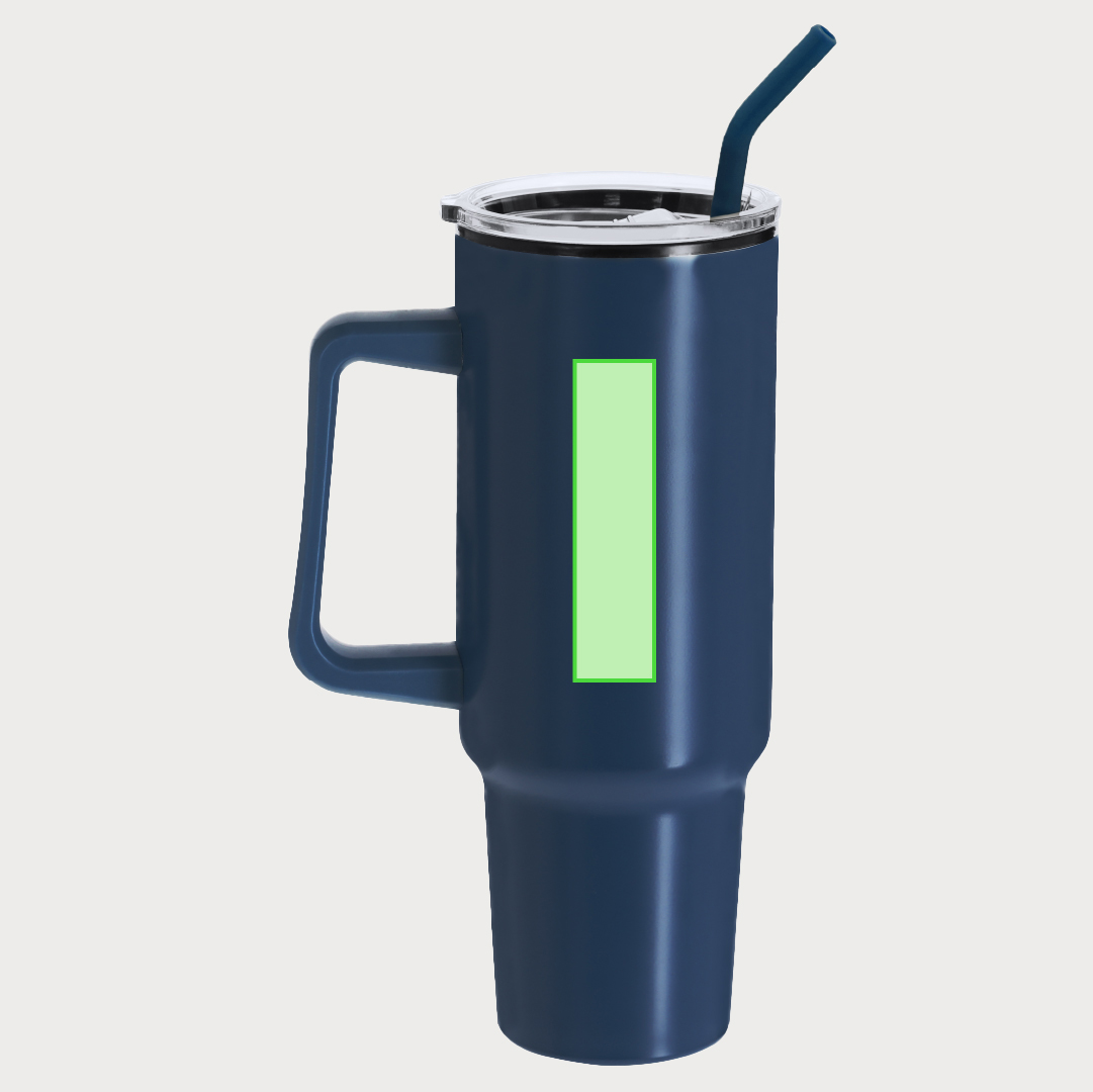 Ein Thermobecher mit Henkel, Deckel, Trinkhalm und Platz für ein Logo.