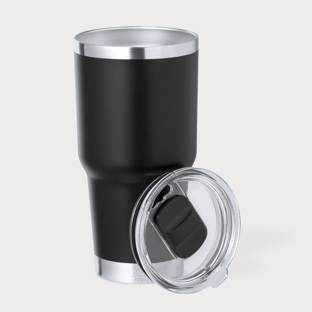 Ein offener, schwarzer Thermobecher aus Edelstahl mit abgenommenem, transparentem Schiebedeckel.