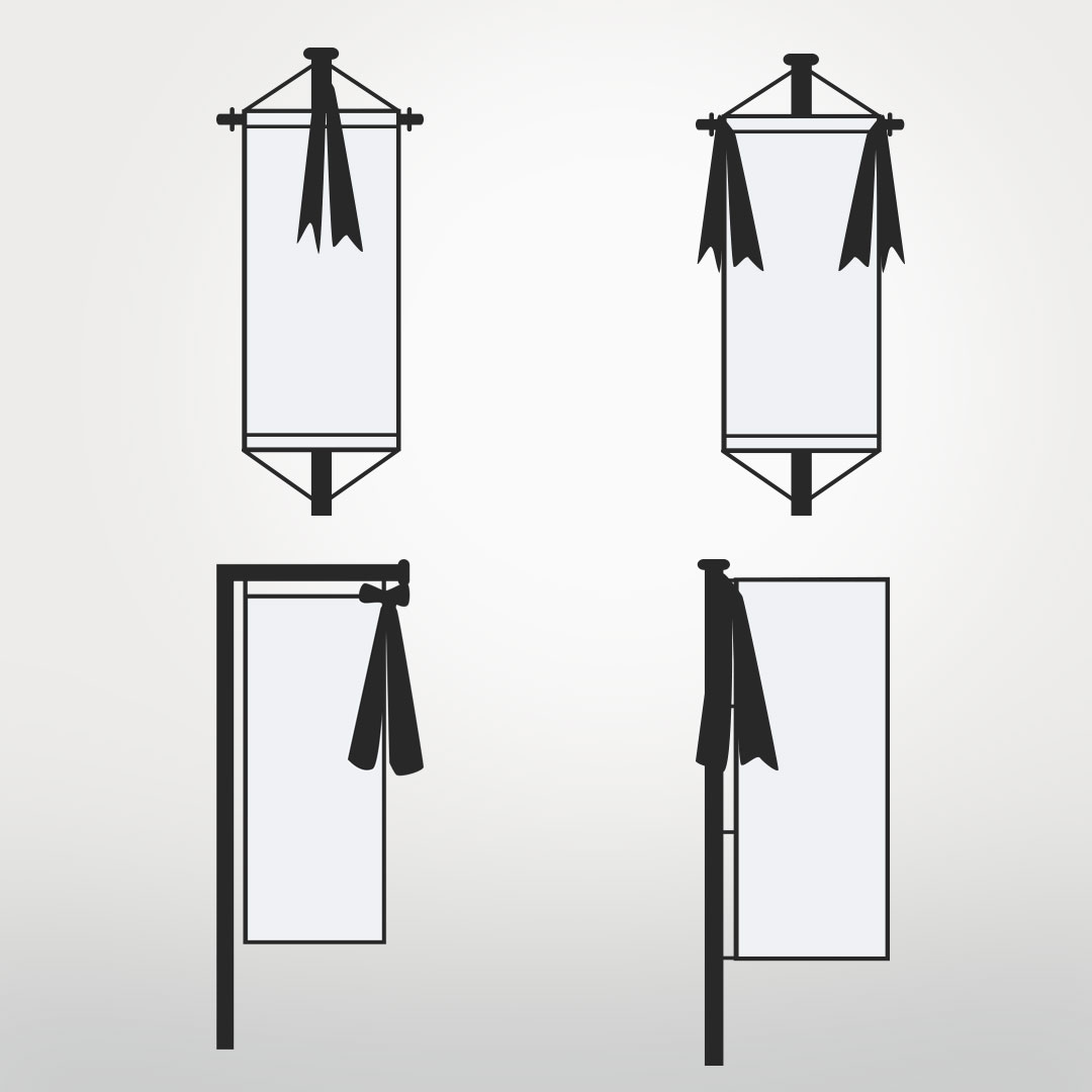 Oben zwei Auslegerfahnen mit Trauerflor: links mittig am Mast, rechts an Enden des Auslegers. Unten zwei Hochformatfahnen mit Flor am obersten Haken