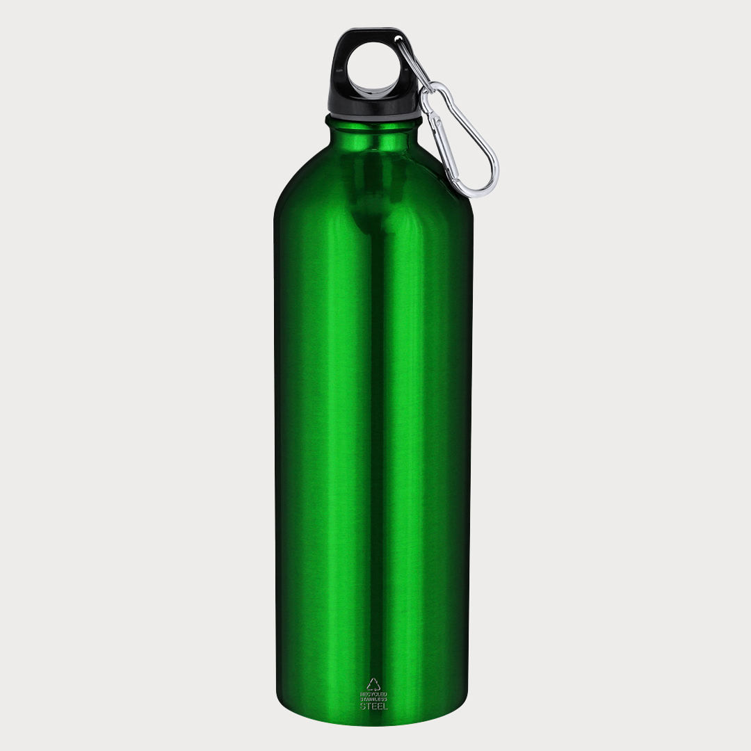 Eine grüne Edelstahl-Trinkflasche mit schwarzem Verschluss und einem Karabinerhaken.