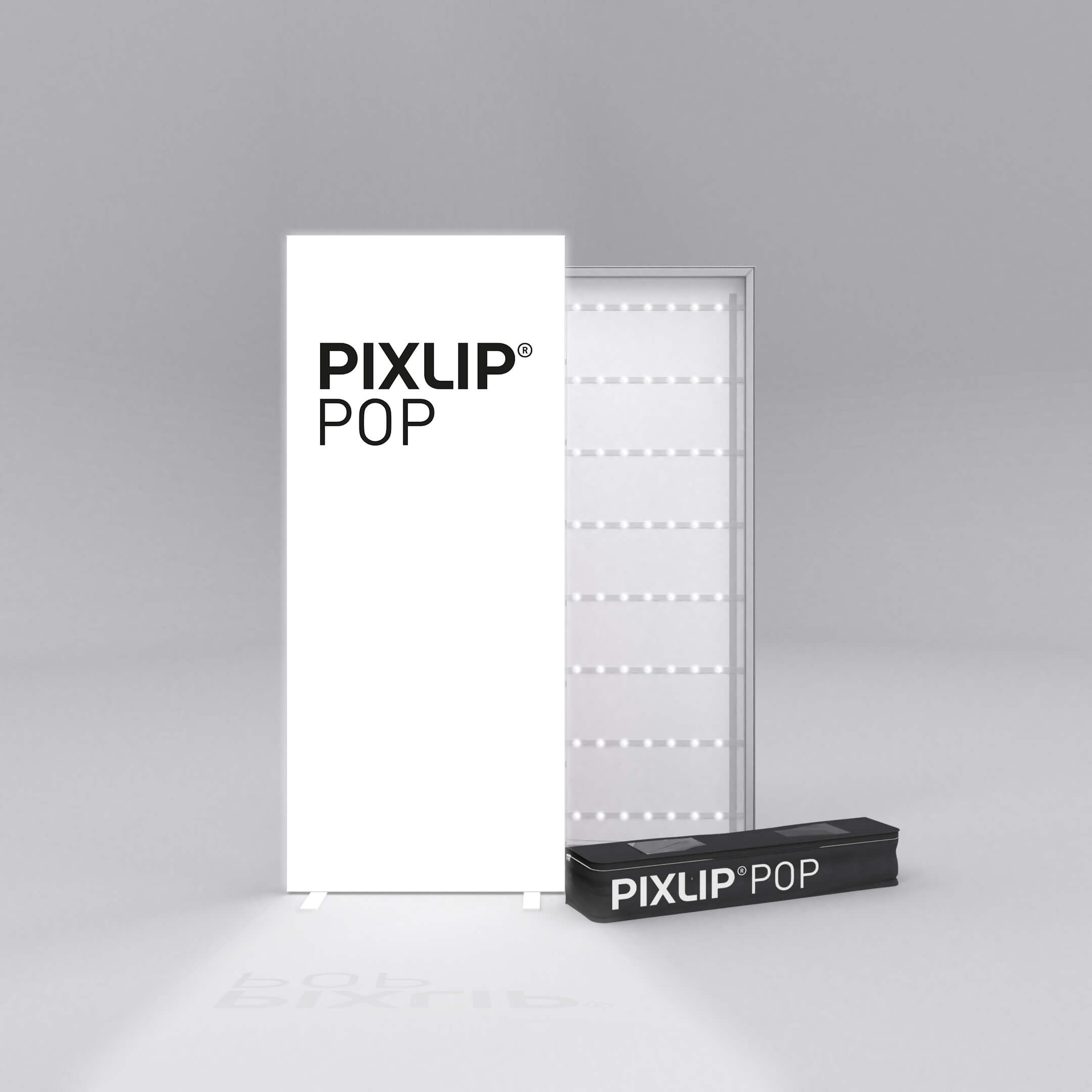 Pixlip Pop mit weiße bedruckter Bespannunu, sichtbar LED-Display und Tragetasche 
